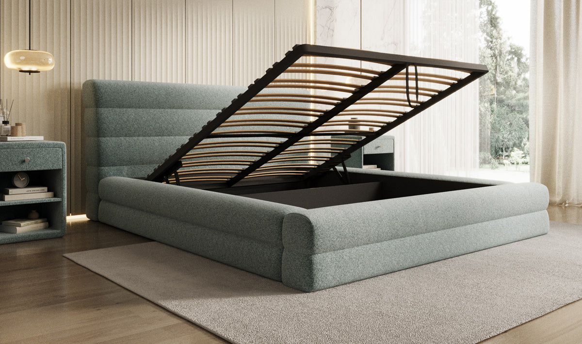 Designer Polsterbett Maren in Strukturstoff mit Stauraum