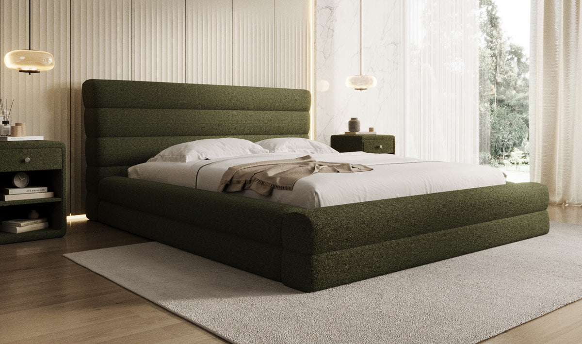 Designer Polsterbett Maren in Teddy Bouclé mit Stauraum