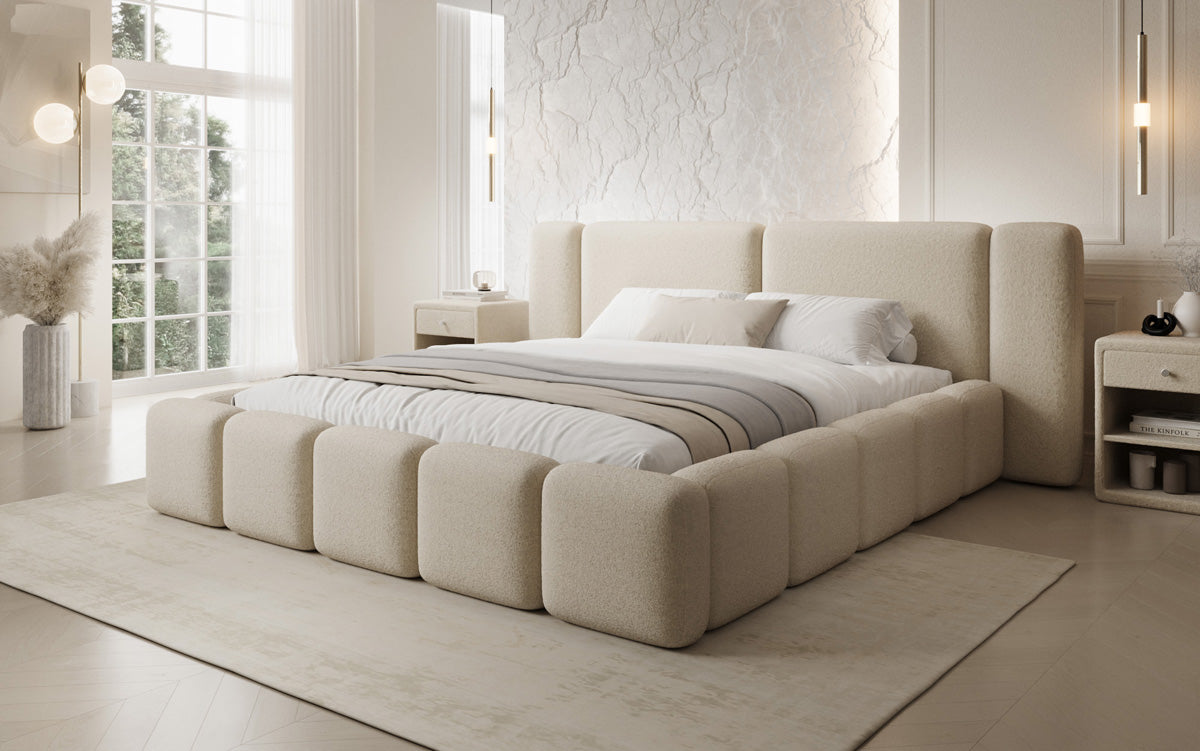 Designer Polsterbett Bianca in Teddy Bouclé mit Stauraum