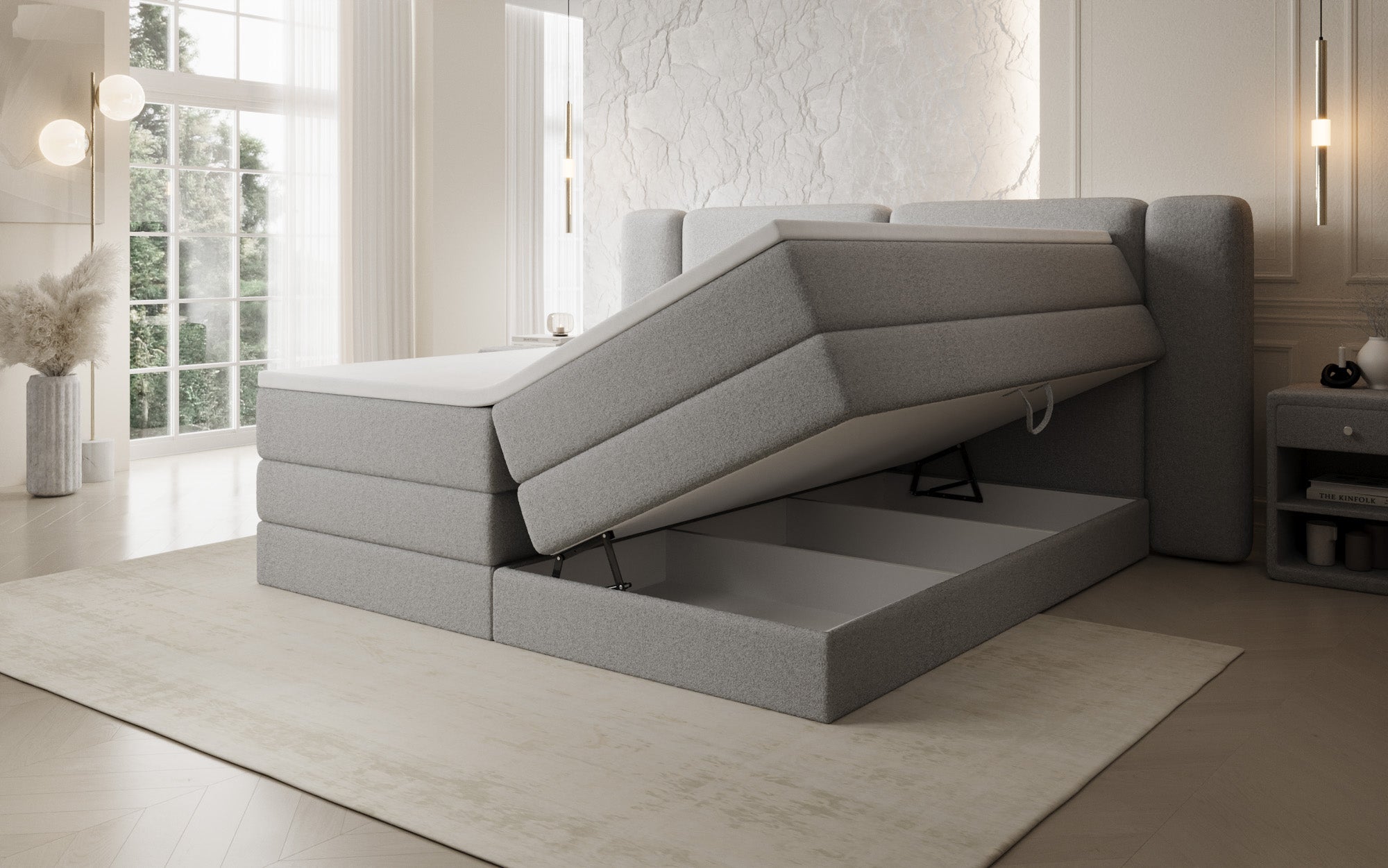 Boxspringbett Leni mit hochklappbarem Stauraum in Teddy Bouclé