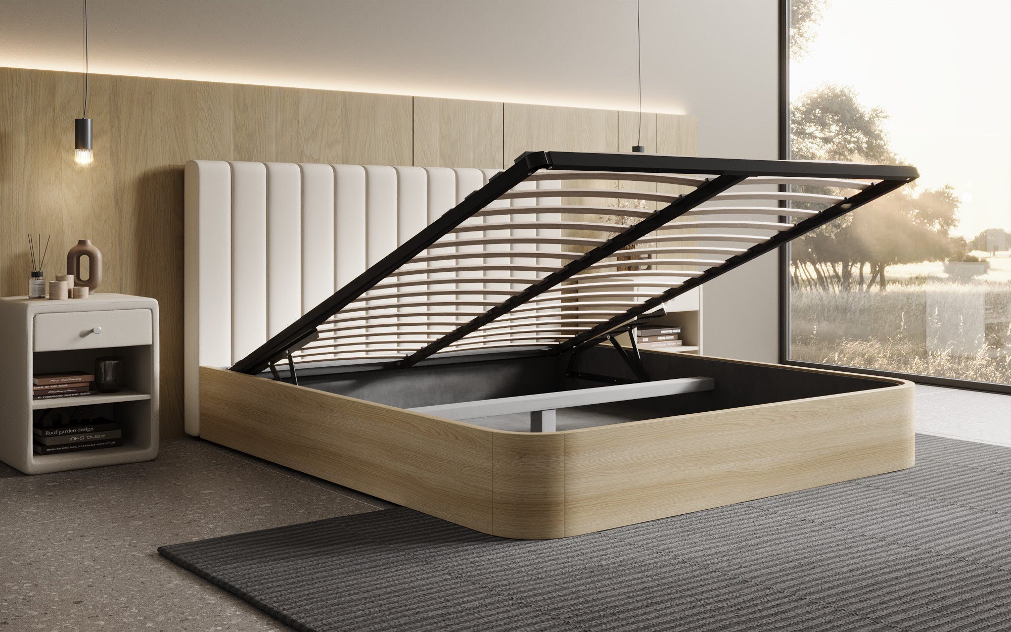 Designer Polsterbett Fiore Linea in Stoff mit Stauraum