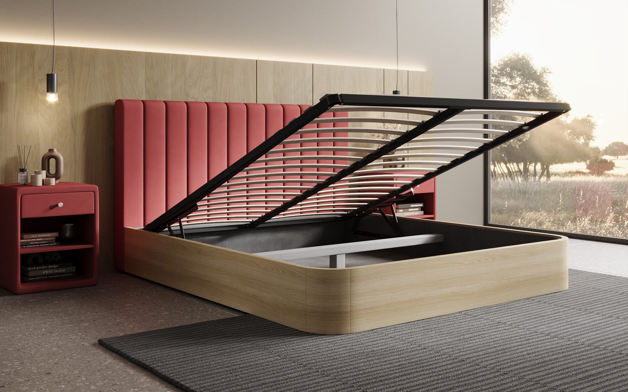 Designer Polsterbett Fiore Linea in Stoff mit Stauraum