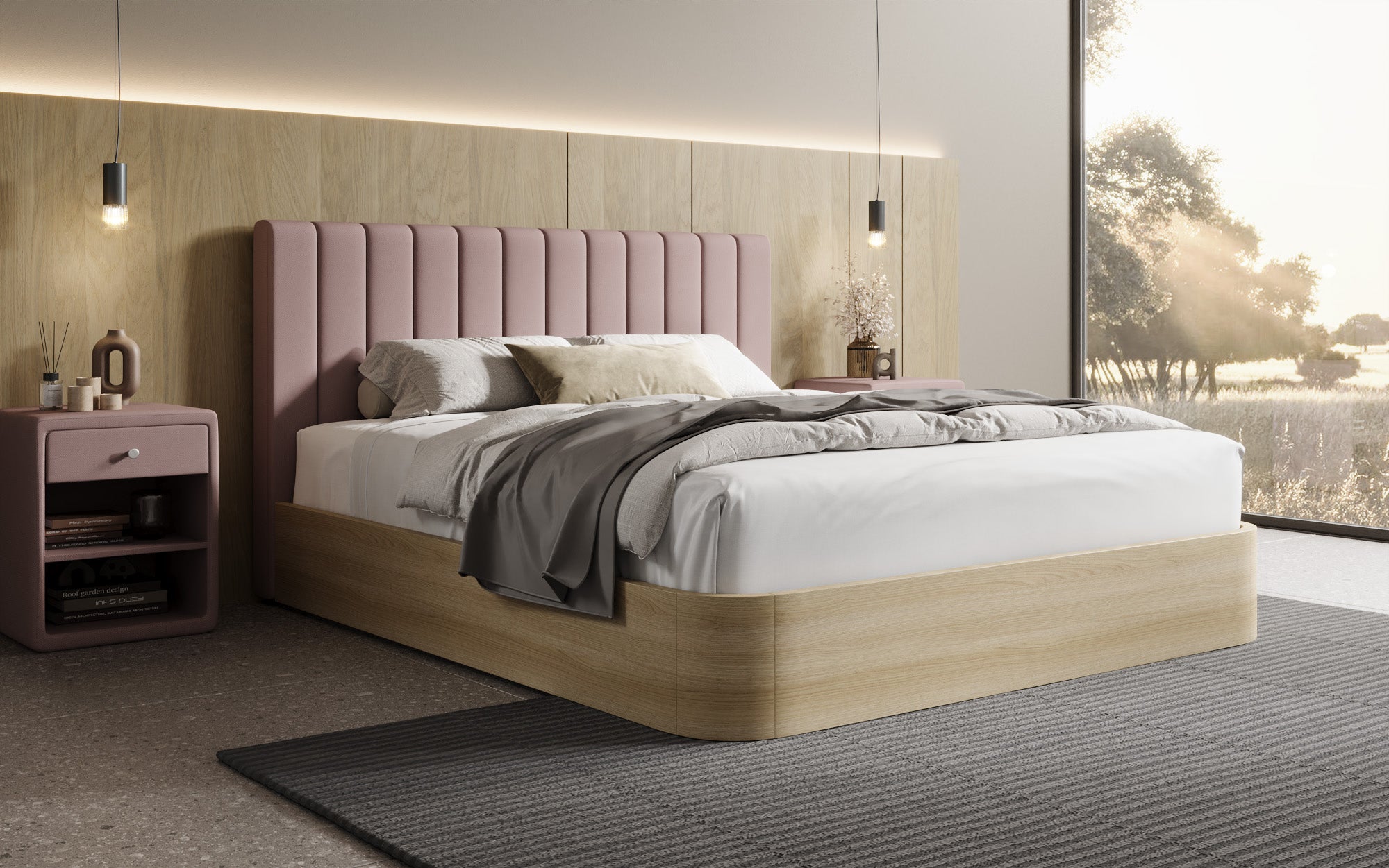 Designer Polsterbett Fiore Linea in Stoff mit Stauraum