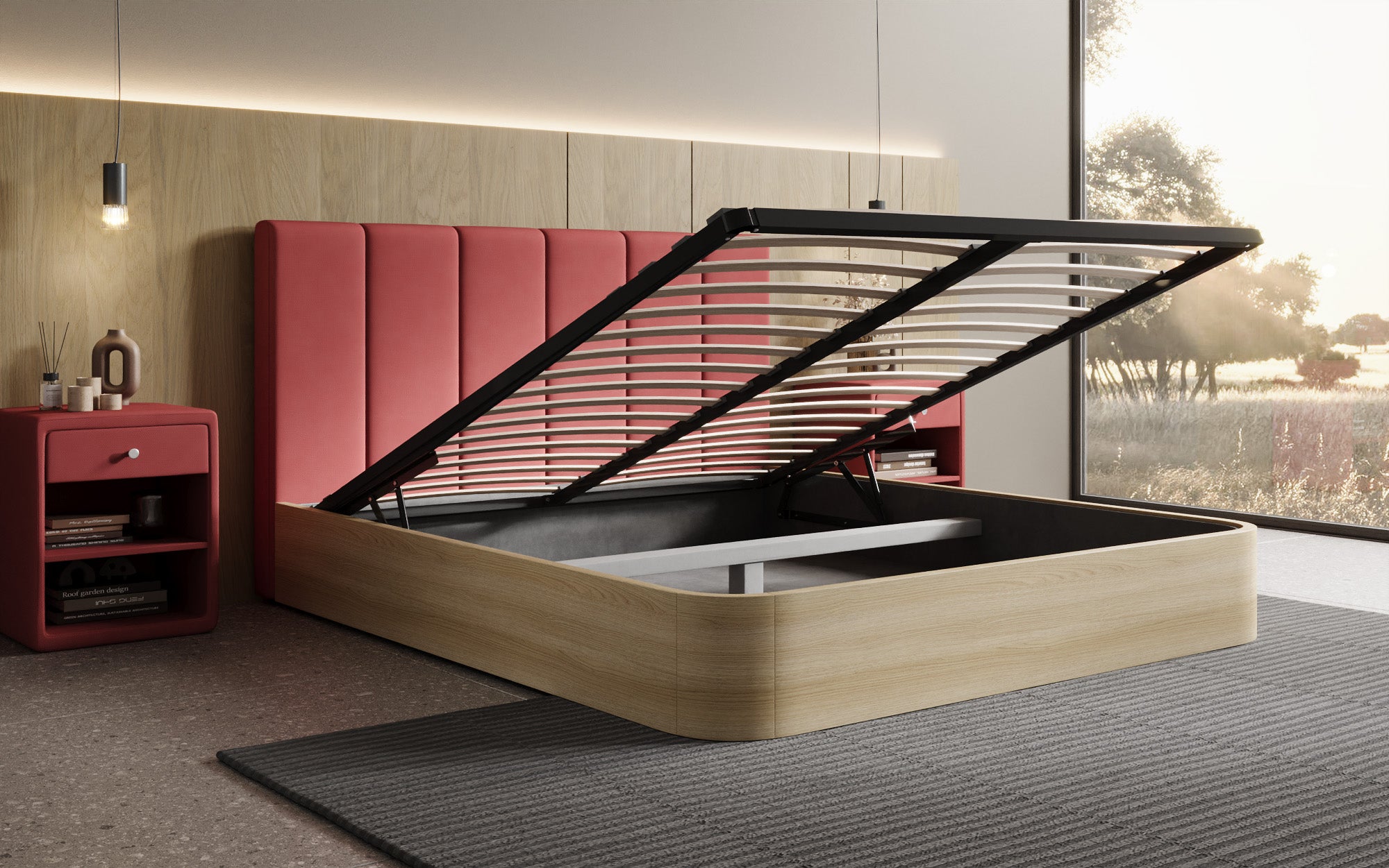 Designer Polsterbett Fiore Piano in Stoff mit Stauraum
