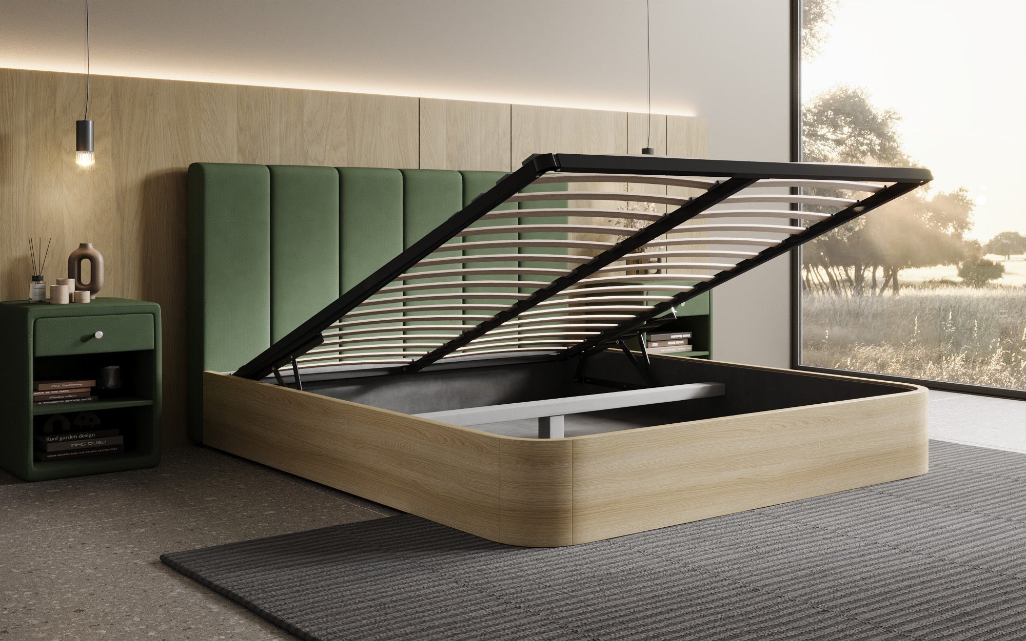 Designer Polsterbett Fiore Piano in Stoff mit Stauraum