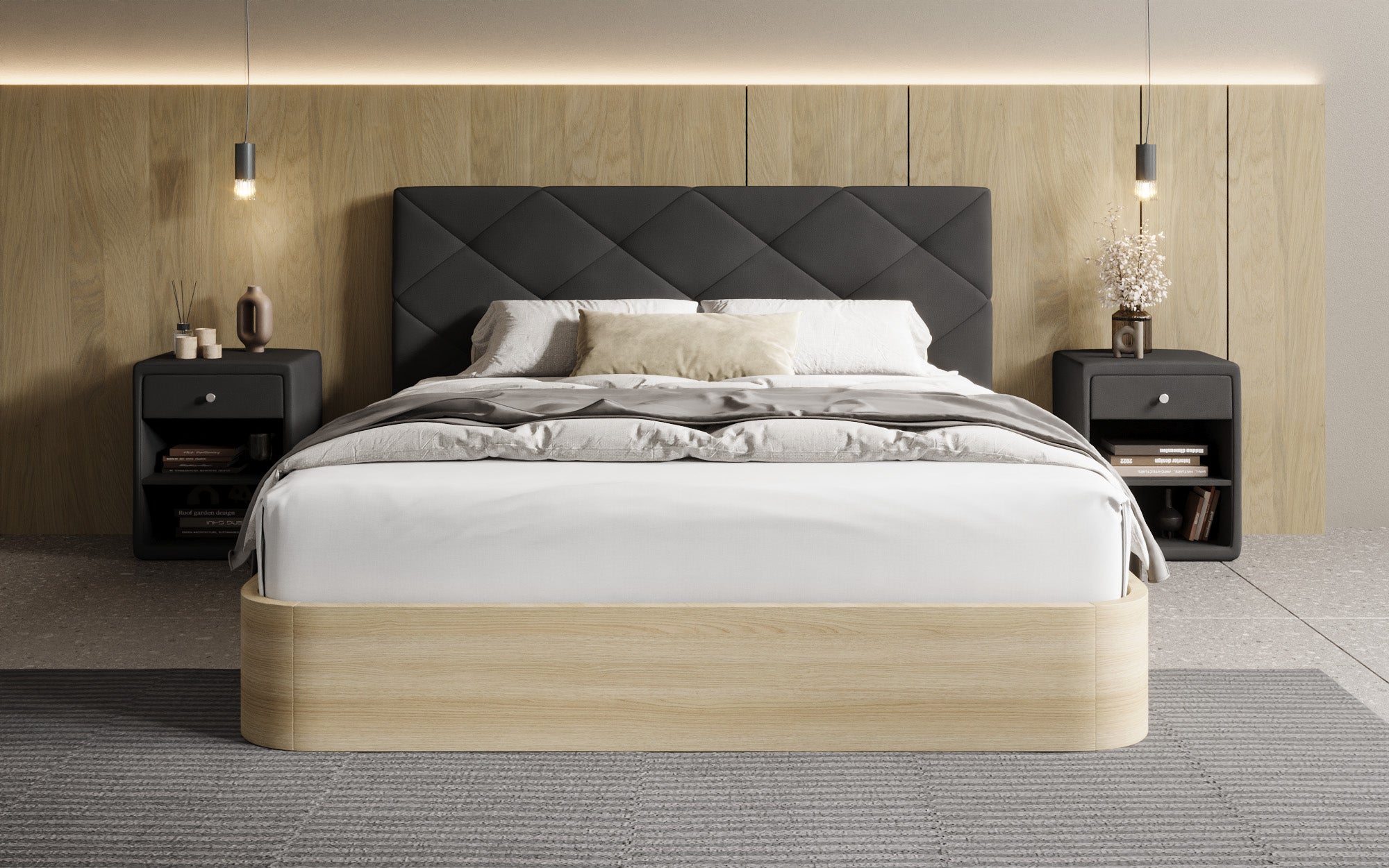 Designer Polsterbett Fiore Caro in Stoff mit Stauraum