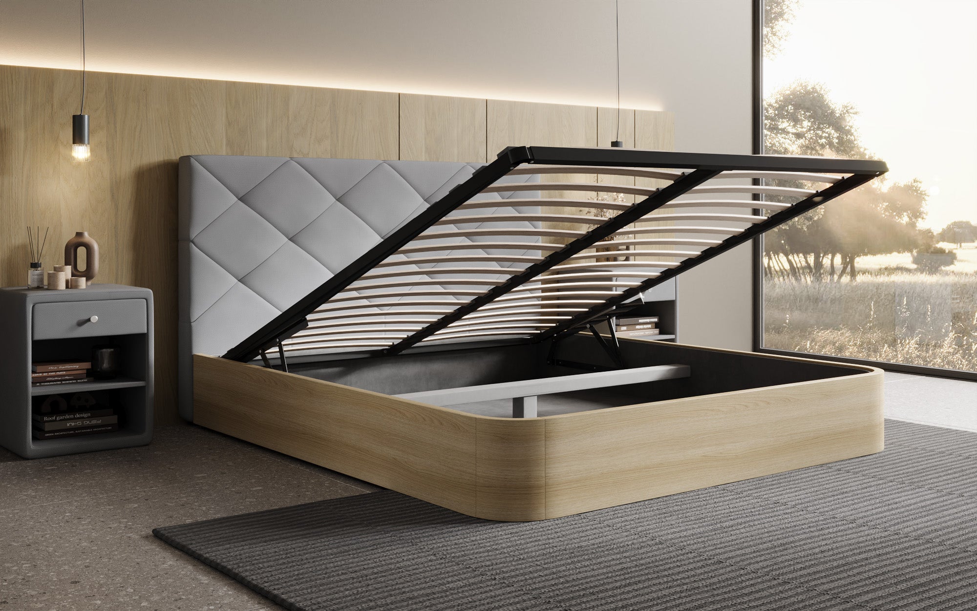 Designer Polsterbett Fiore Caro in Stoff mit Stauraum