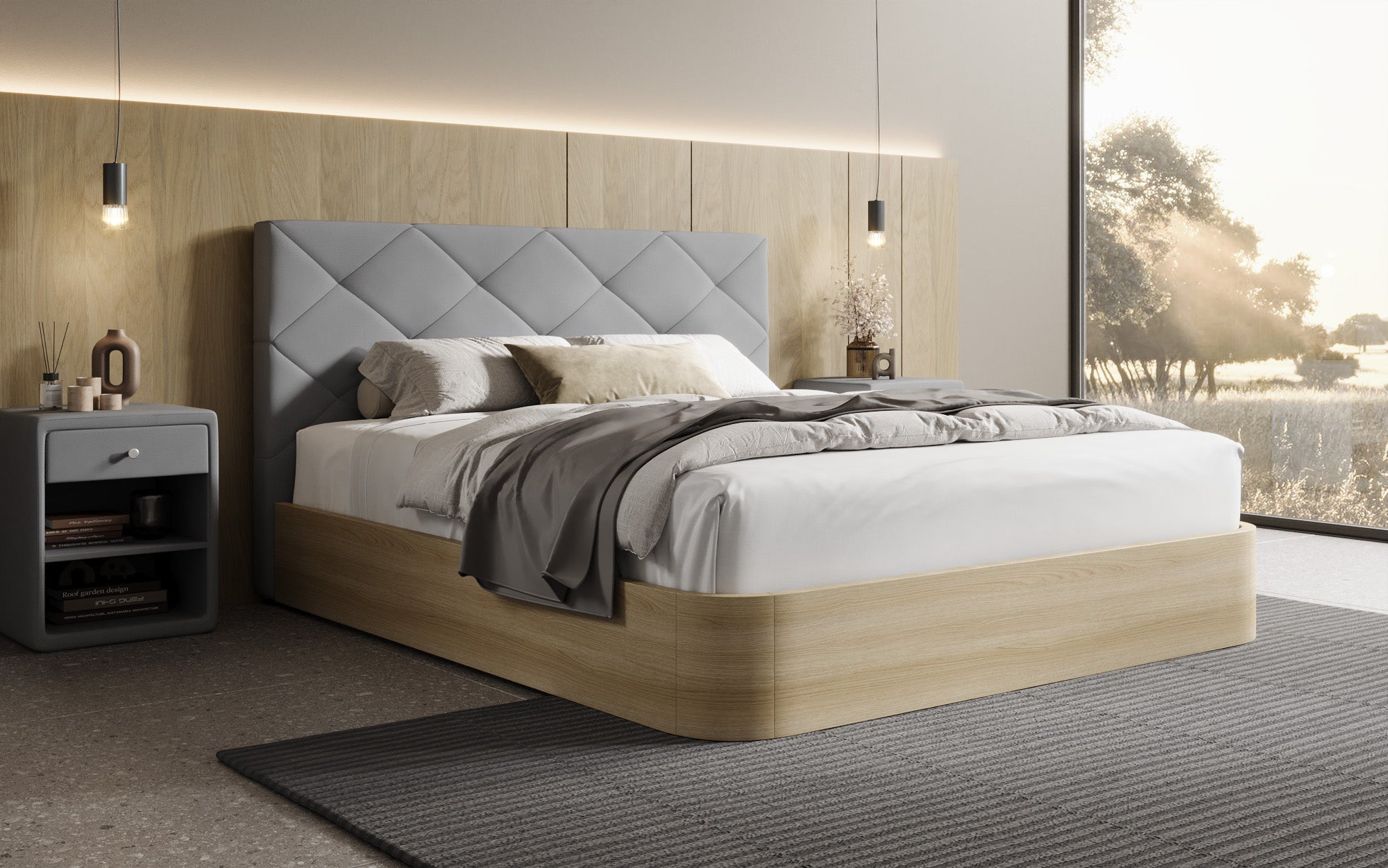 Designer Polsterbett Fiore Caro in Stoff mit Stauraum