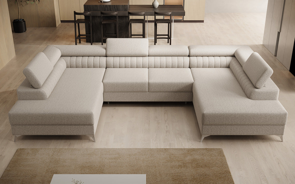 Designer Sofa Aurea U mit Schlaf- und Klappfunktion in Bouclé