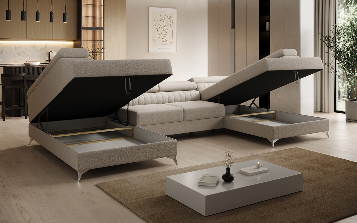 Designer Sofa Aurea U mit Schlaf- und Klappfunktion in Bouclé