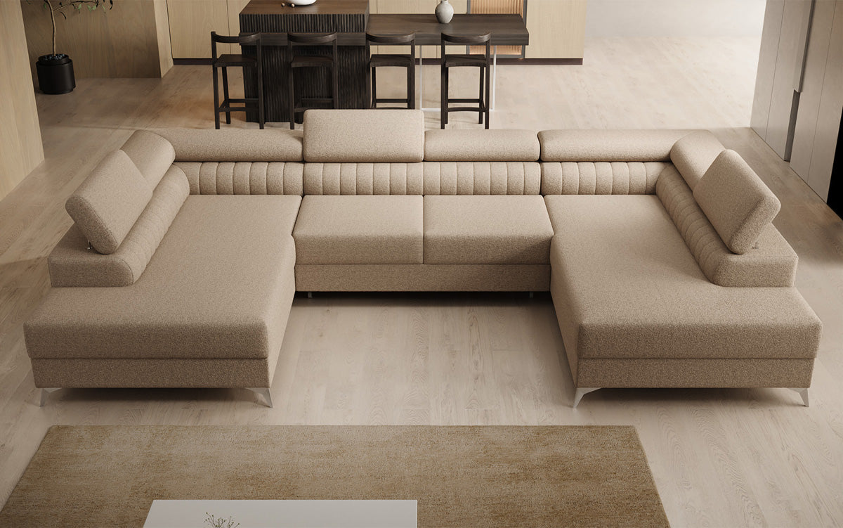Designer Sofa Aurea U mit Schlaf- und Klappfunktion in Bouclé