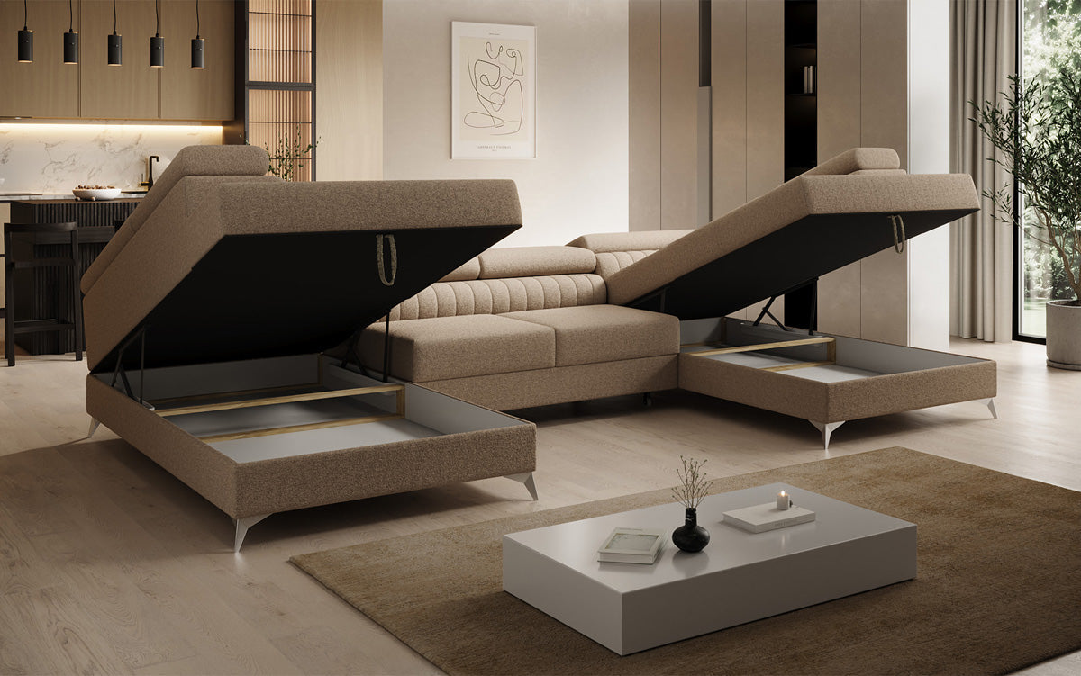 Designer Sofa Aurea U mit Schlaf- und Klappfunktion in Bouclé
