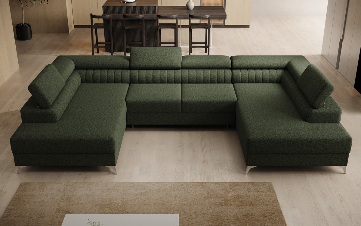 Designer Sofa Aurea U mit Schlaf- und Klappfunktion in Bouclé