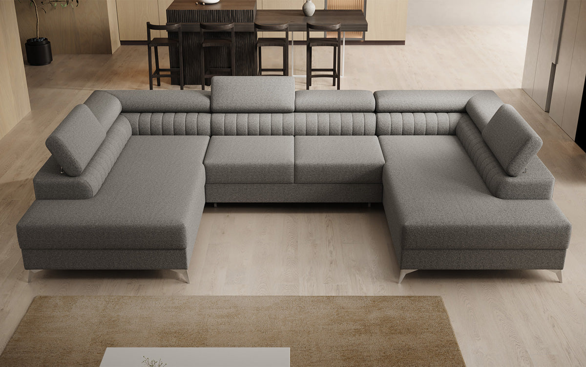 Designer Sofa Aurea U mit Schlaf- und Klappfunktion in Bouclé