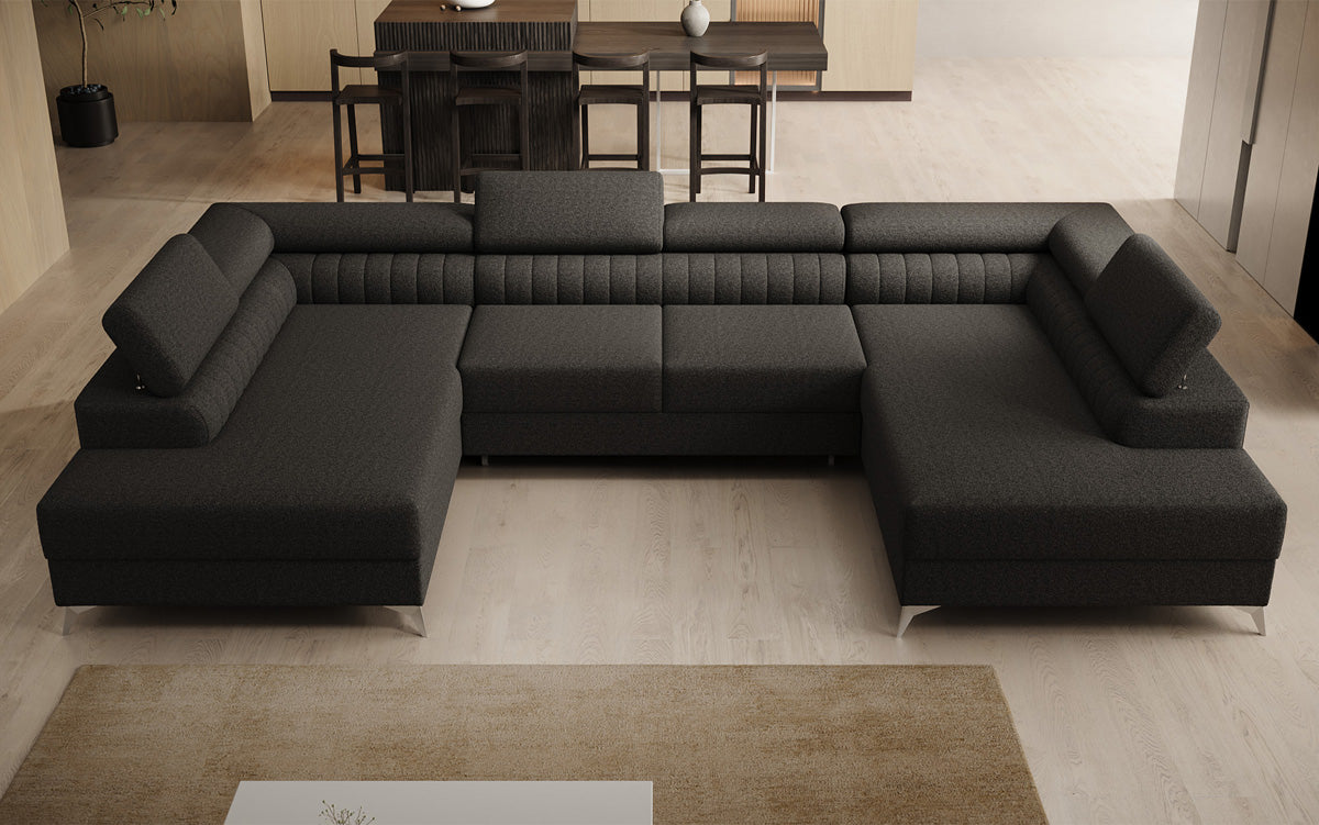 Designer Sofa Aurea U mit Schlaf- und Klappfunktion in Bouclé