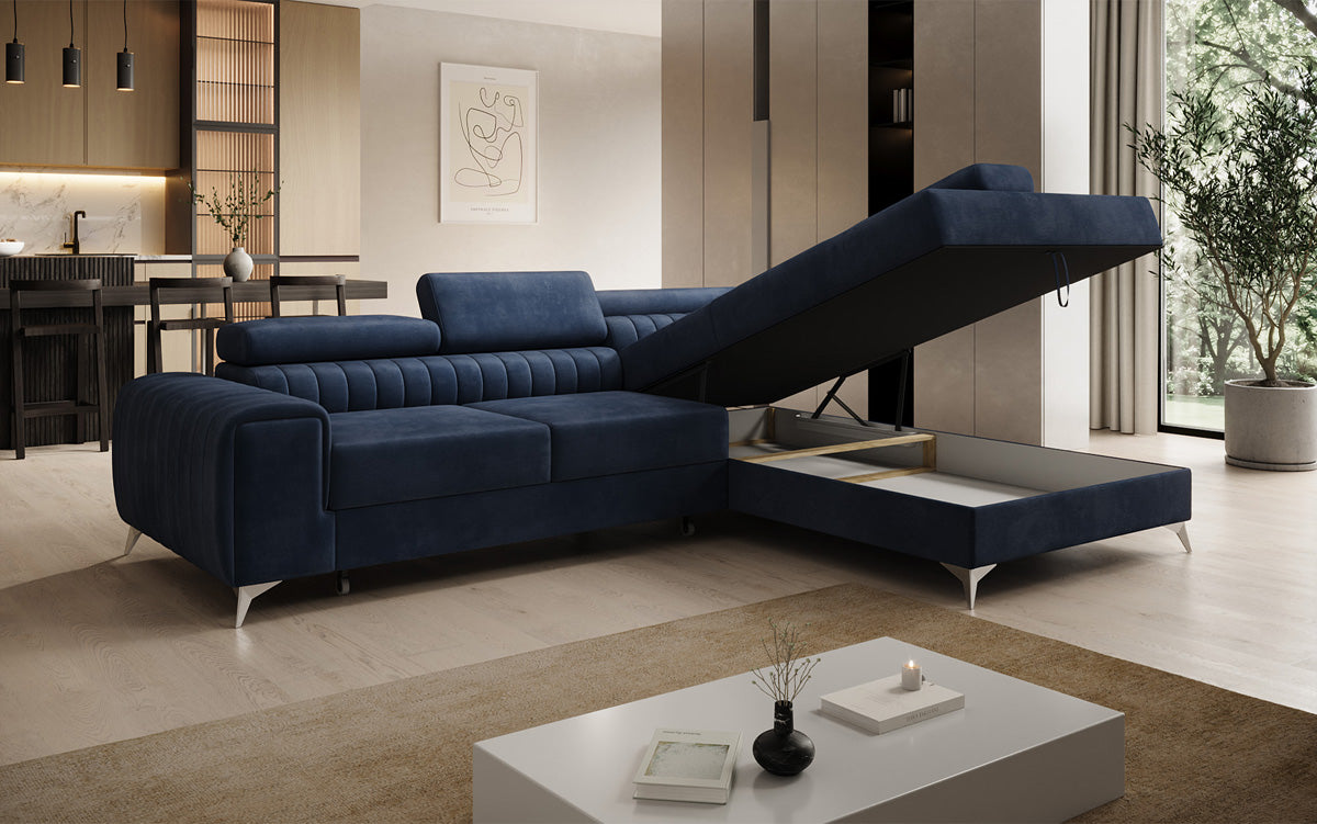 Designer Ecksofa Aurea mit Schlaf- und Klappfunktion in Samt