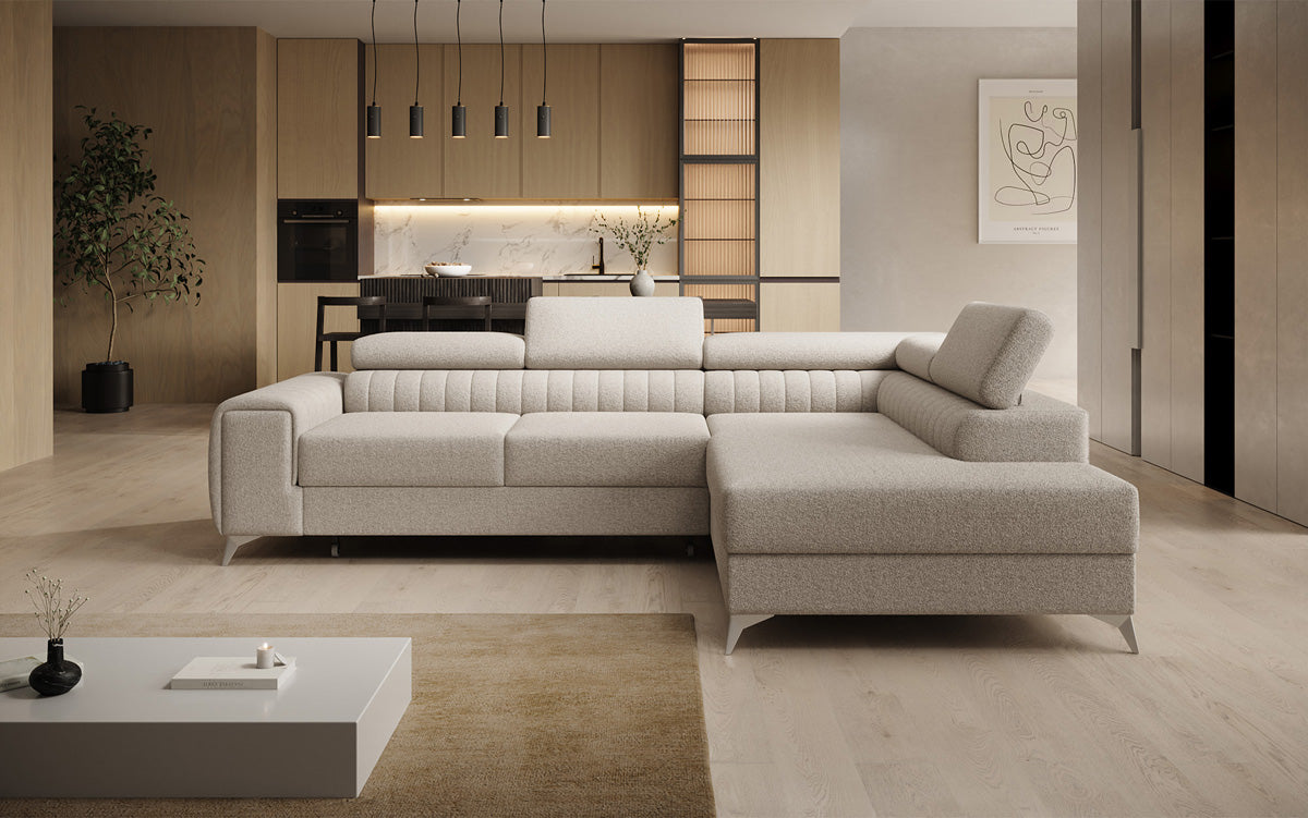 Designer Ecksofa Aurea mit Schlaf- und Klappfunktion in Bouclé