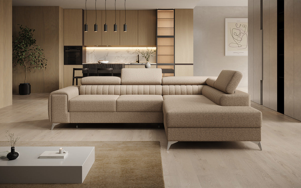 Designer Ecksofa Aurea mit Schlaf- und Klappfunktion in Bouclé
