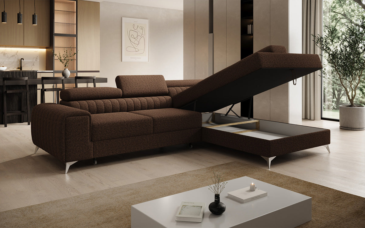 Designer Ecksofa Aurea mit Schlaf- und Klappfunktion in Bouclé