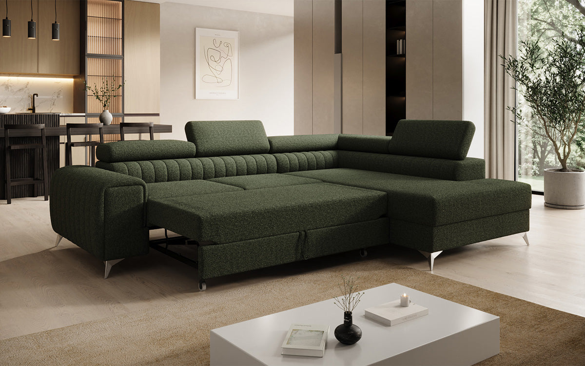 Designer Ecksofa Aurea mit Schlaf- und Klappfunktion in Bouclé