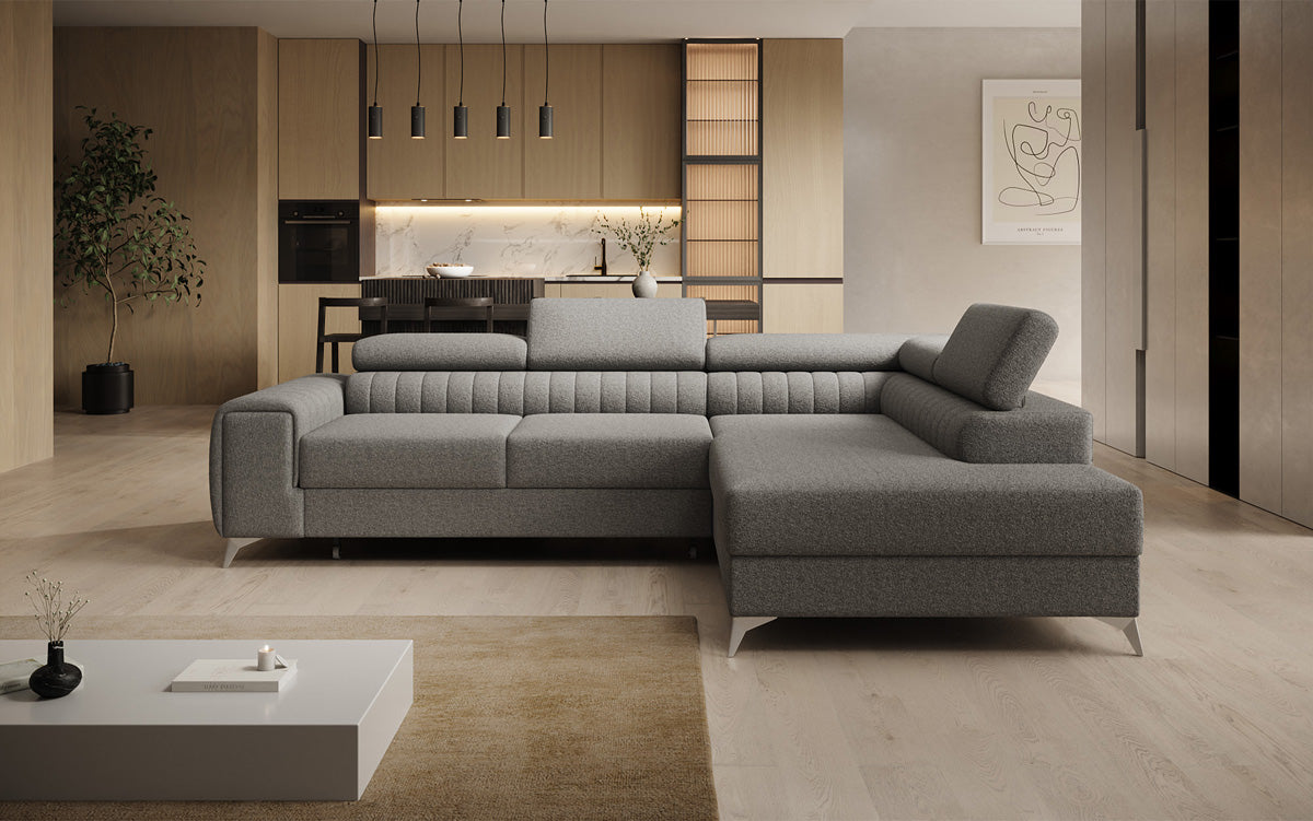 Designer Ecksofa Aurea mit Schlaf- und Klappfunktion in Bouclé
