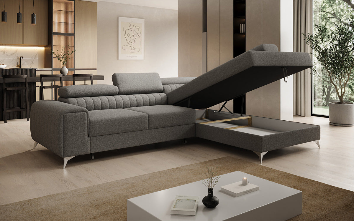 Designer Ecksofa Aurea mit Schlaf- und Klappfunktion in Bouclé