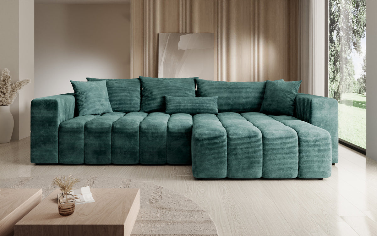 Designer Ecksofa Momo mit Schlaf- und Klappfunktion in Cord