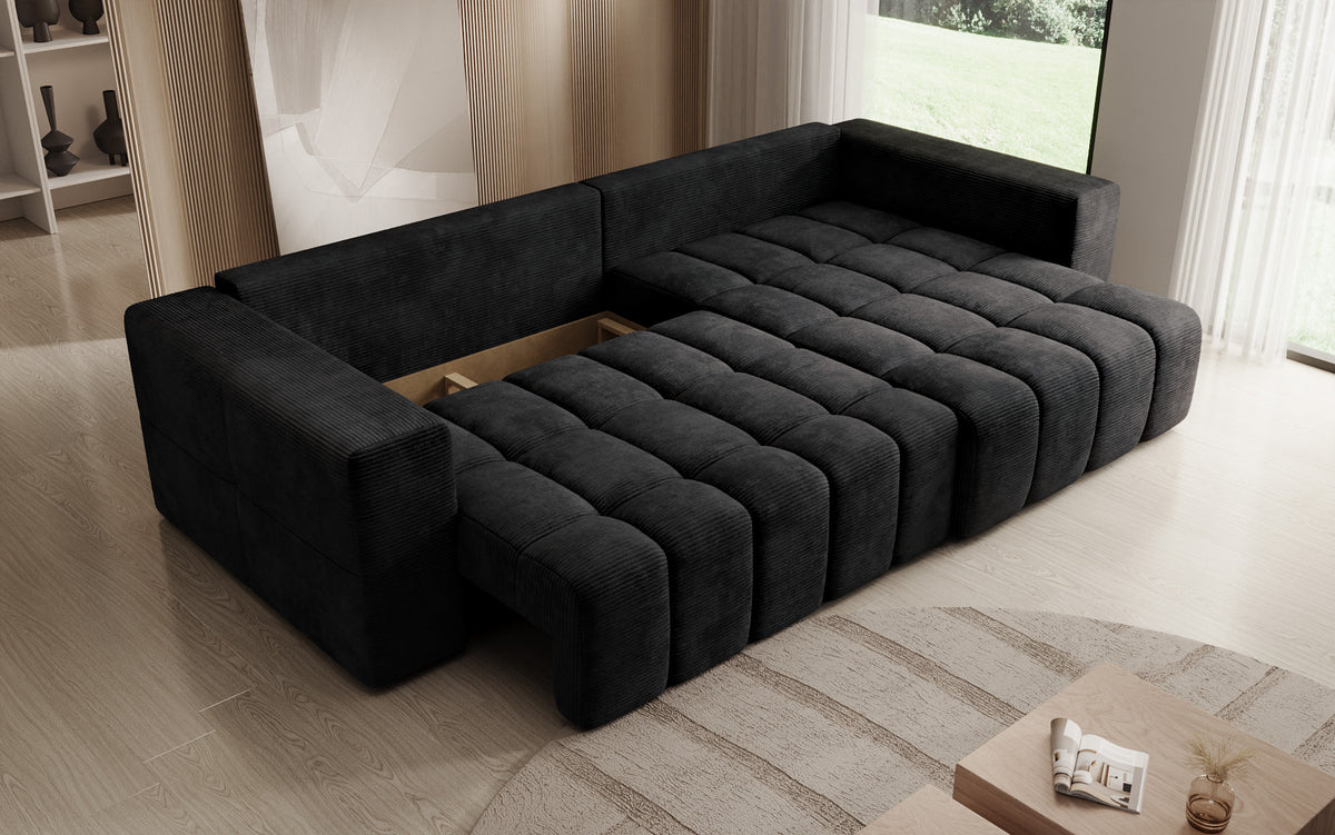 Designer Ecksofa Momo mit Schlaf- und Klappfunktion in Cord