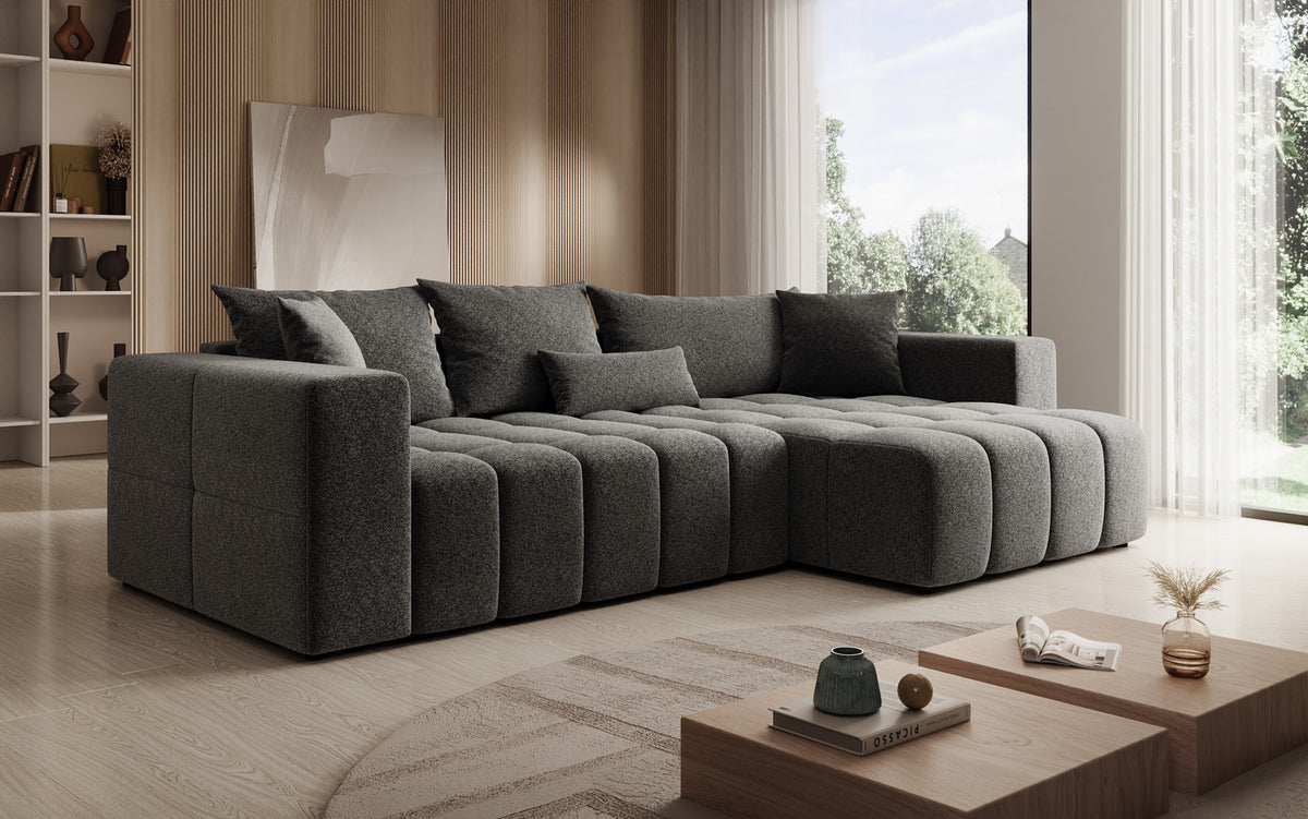 Designer Ecksofa Momo mit Schlaf- und Klappfunktion in Strukturstoff