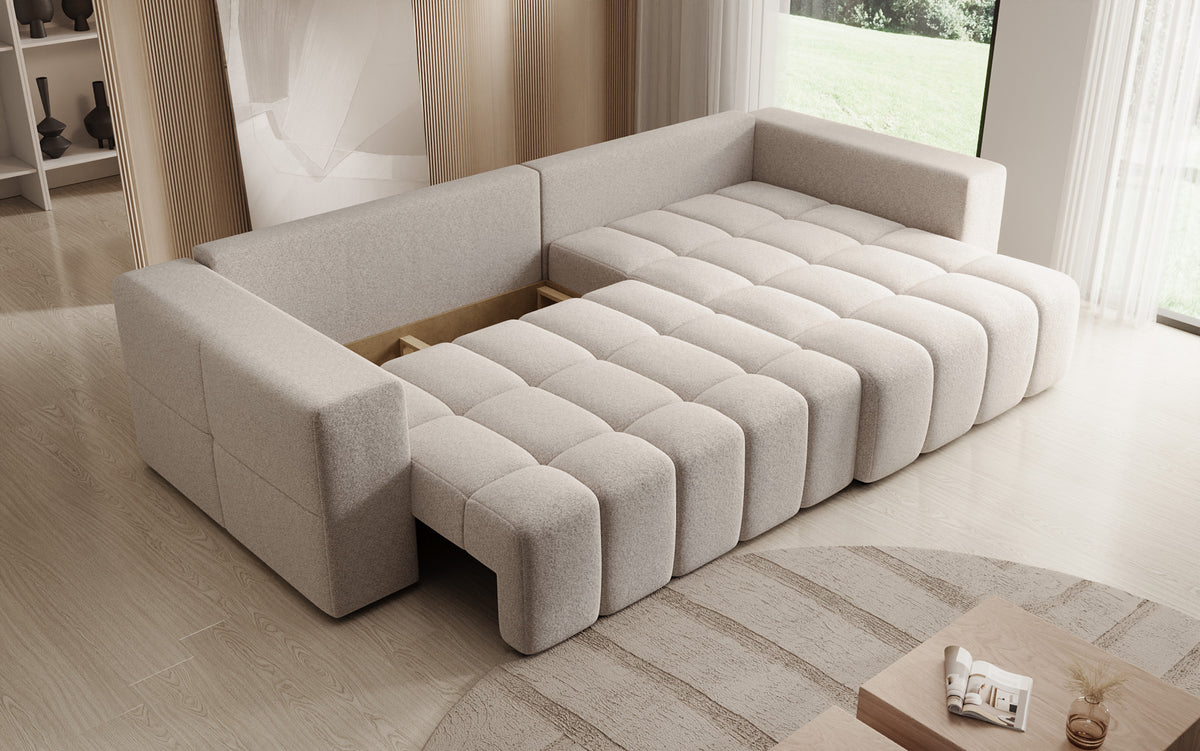 Designer Ecksofa Momo mit Schlaf- und Klappfunktion in Strukturstoff