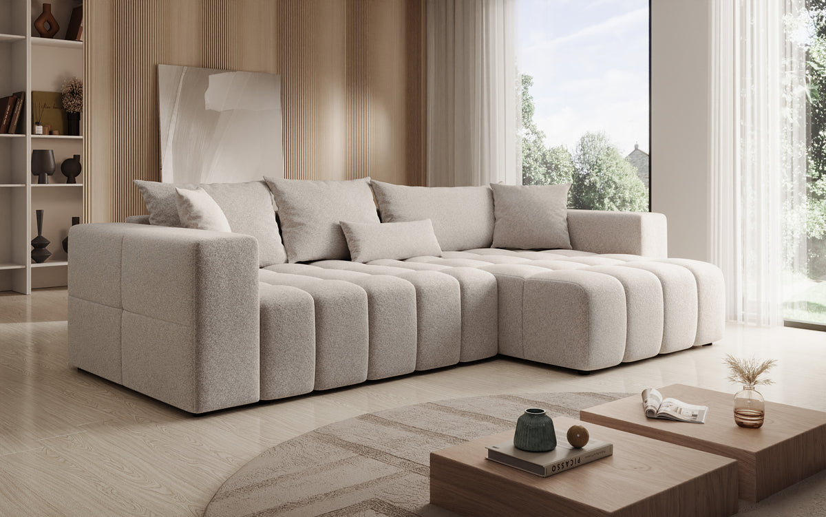 Designer Ecksofa Momo mit Schlaf- und Klappfunktion in Strukturstoff