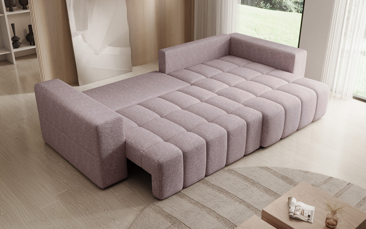 Designer Ecksofa Momo mit Schlaf- und Klappfunktion in Strukturstoff