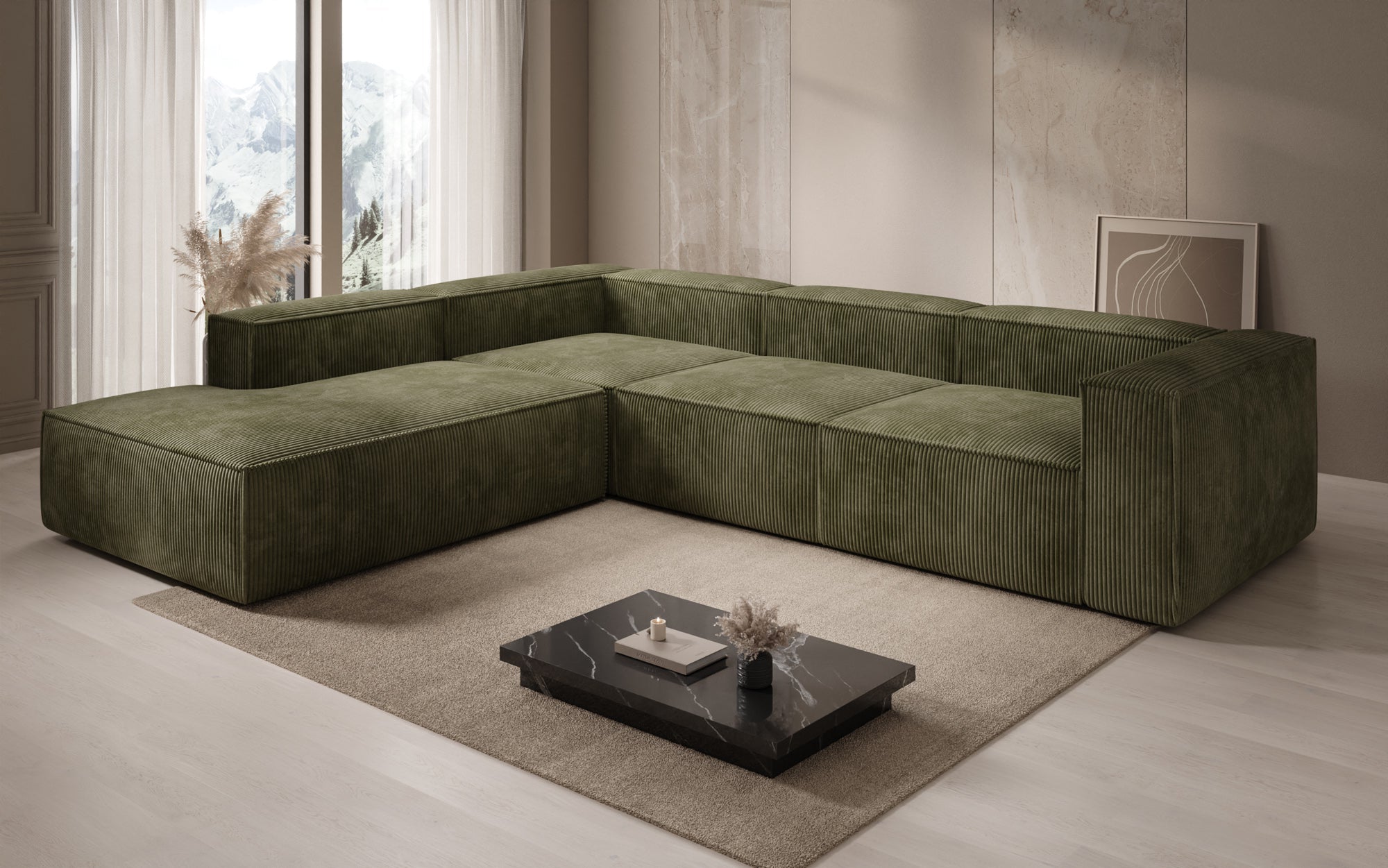 Designer Sofa Lesley L mit langer Ottomane in Cord