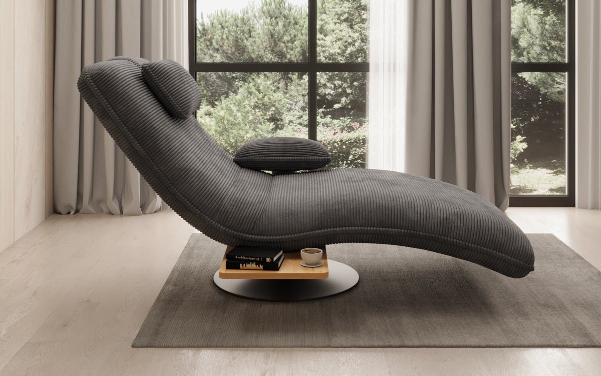 Designer Relax-Liege Velor Cord mit Drehfunktion und Beistelltisch