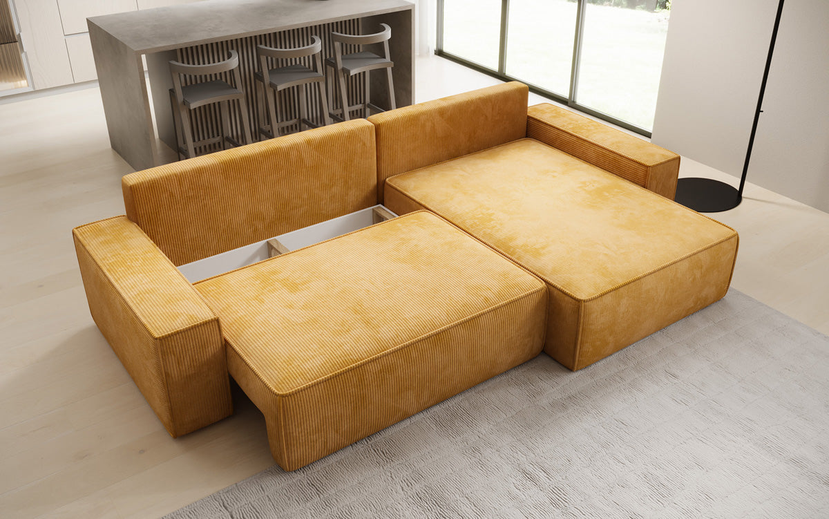 Designer Ecksofa Lunaro mit Schlaf- und Klappfunktion in Cord