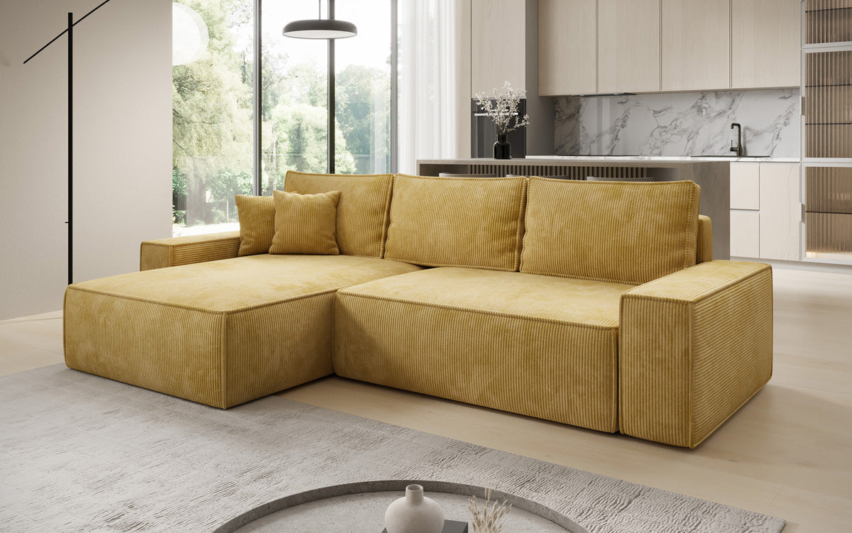 Designer Ecksofa Lunaro mit Schlaf- und Klappfunktion in Cord