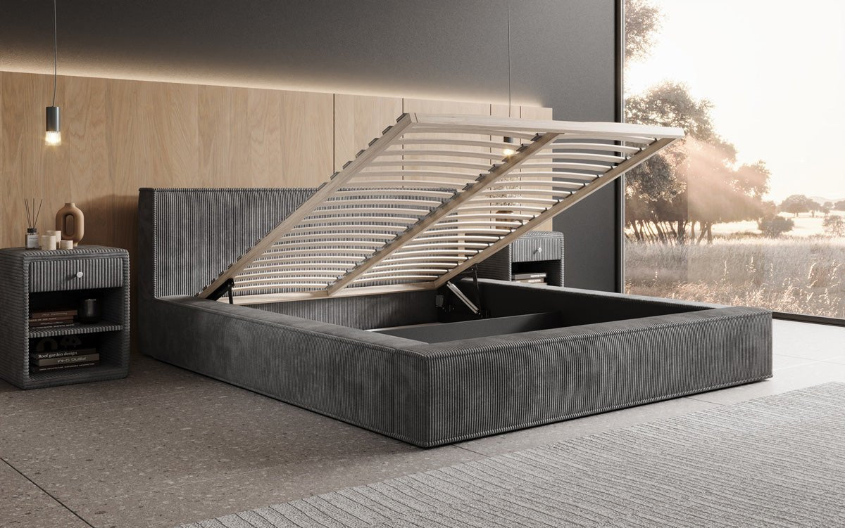 Designer Polsterbett Harmon in Cord mit Stauraum