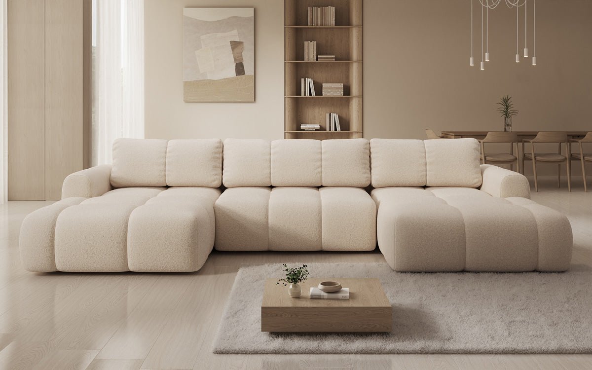 Designer Sofa Analfi U mit Schlaf- und Klappfunktion in Bouclé