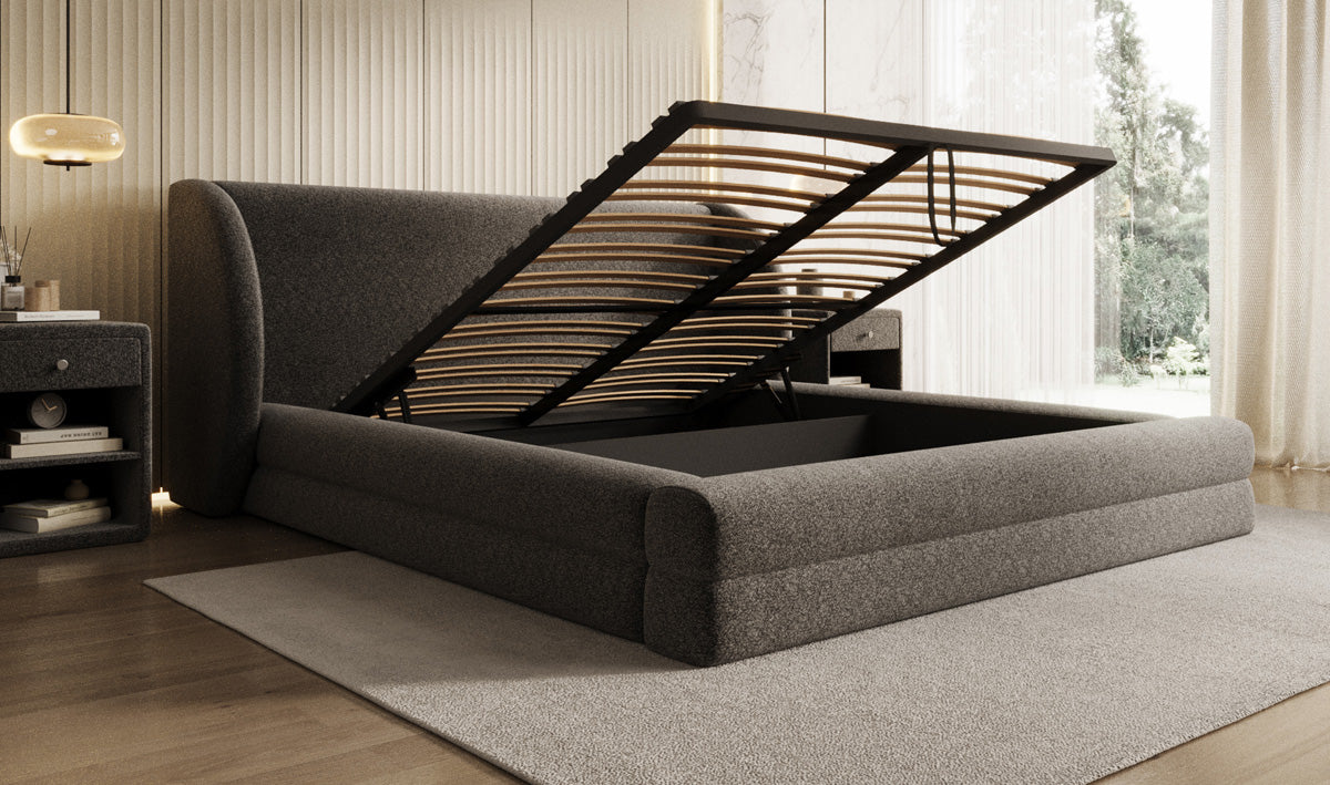 Designer Polsterbett Liv in Strukturstoff mit Stauraum