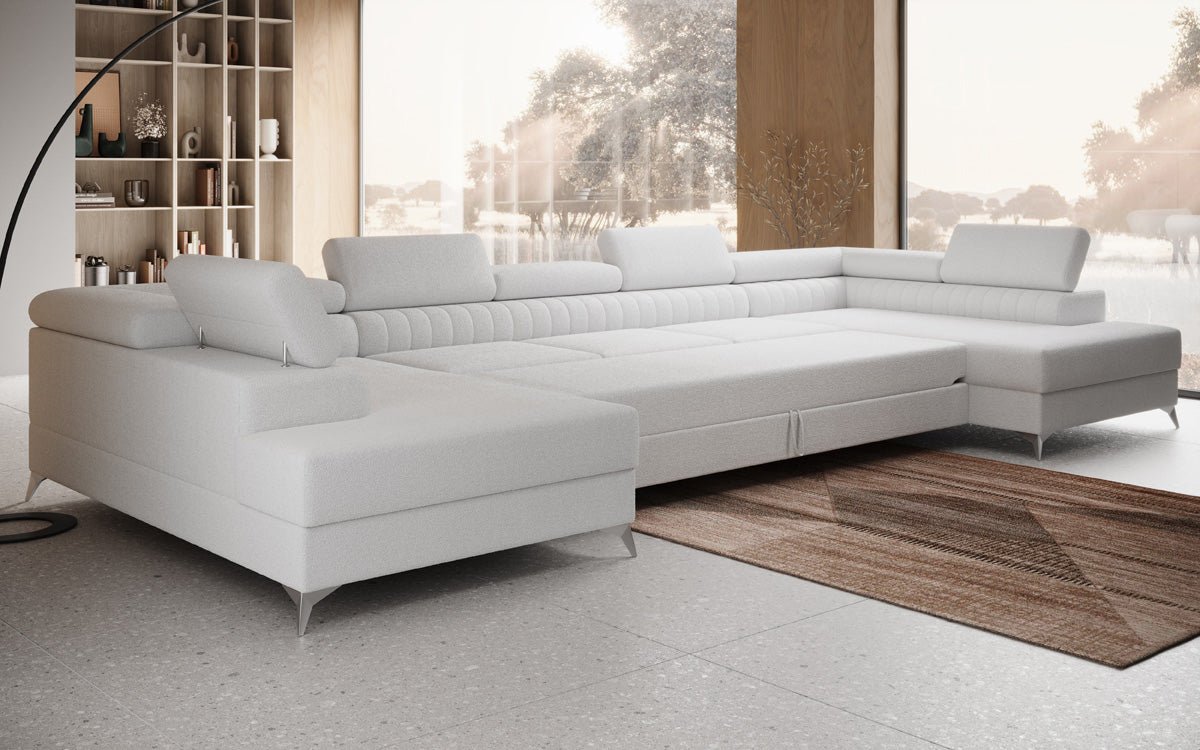 Designer Sofa Aurea U XXL mit Schlaf- und Klappfunktion in Bouclé