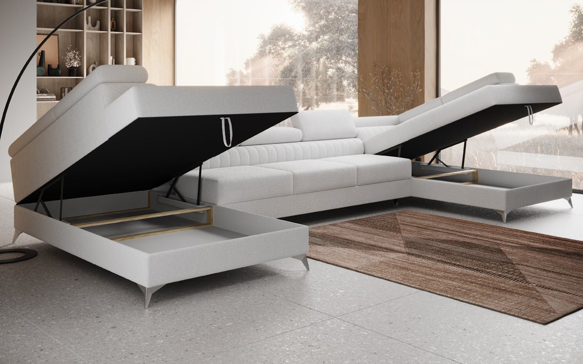 Designer Sofa Aurea U XXL mit Schlaf- und Klappfunktion in Bouclé