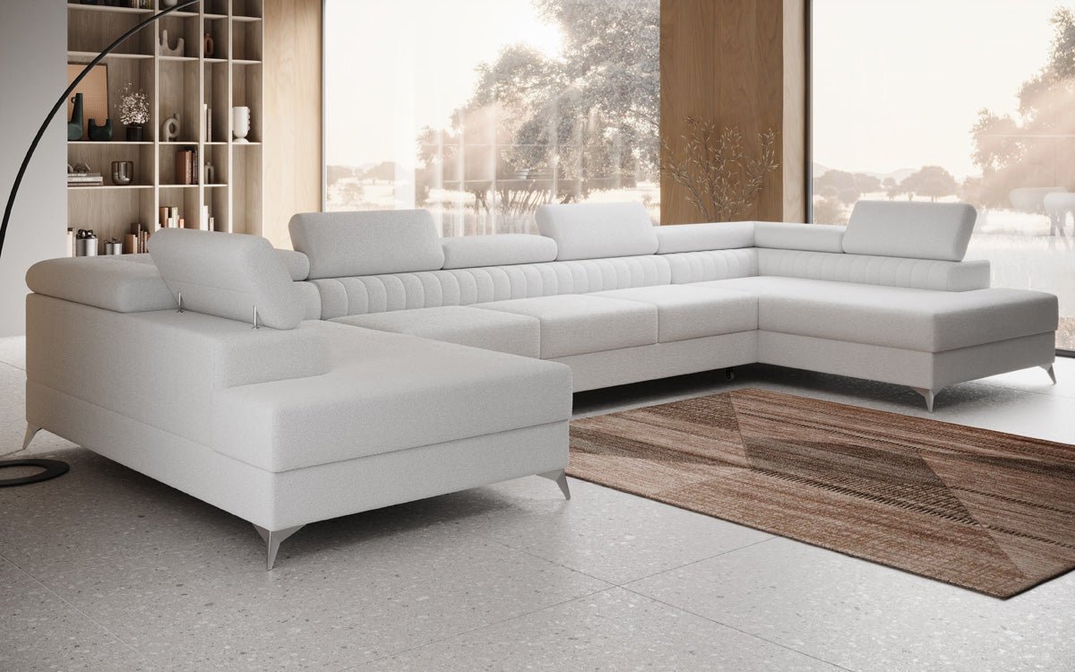 Designer Sofa Aurea U XXL mit Schlaf- und Klappfunktion in Bouclé