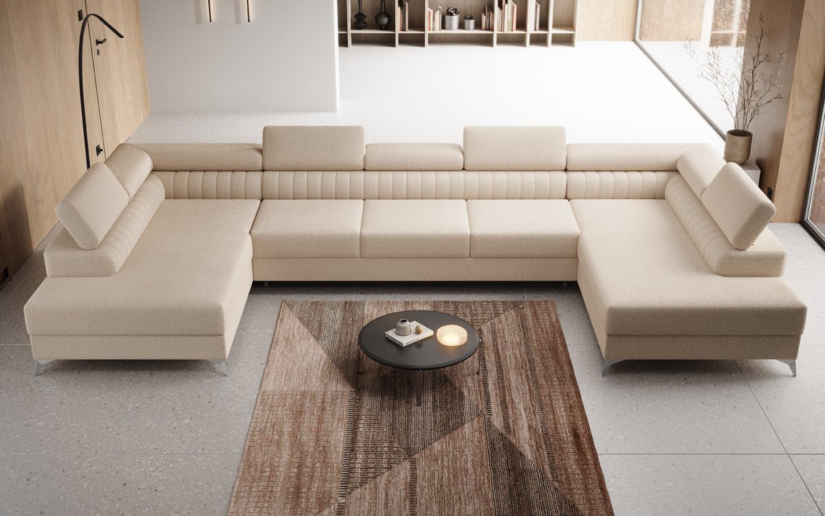 Designer Sofa Aurea U XXL mit Schlaf- und Klappfunktion in Bouclé