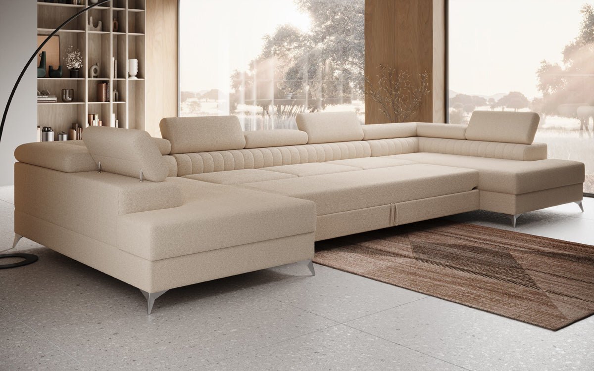 Designer Sofa Aurea U XXL mit Schlaf- und Klappfunktion in Bouclé