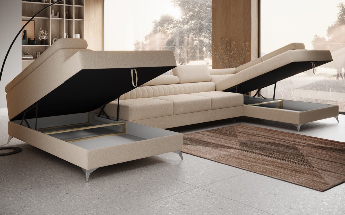 Designer Sofa Aurea U XXL mit Schlaf- und Klappfunktion in Bouclé