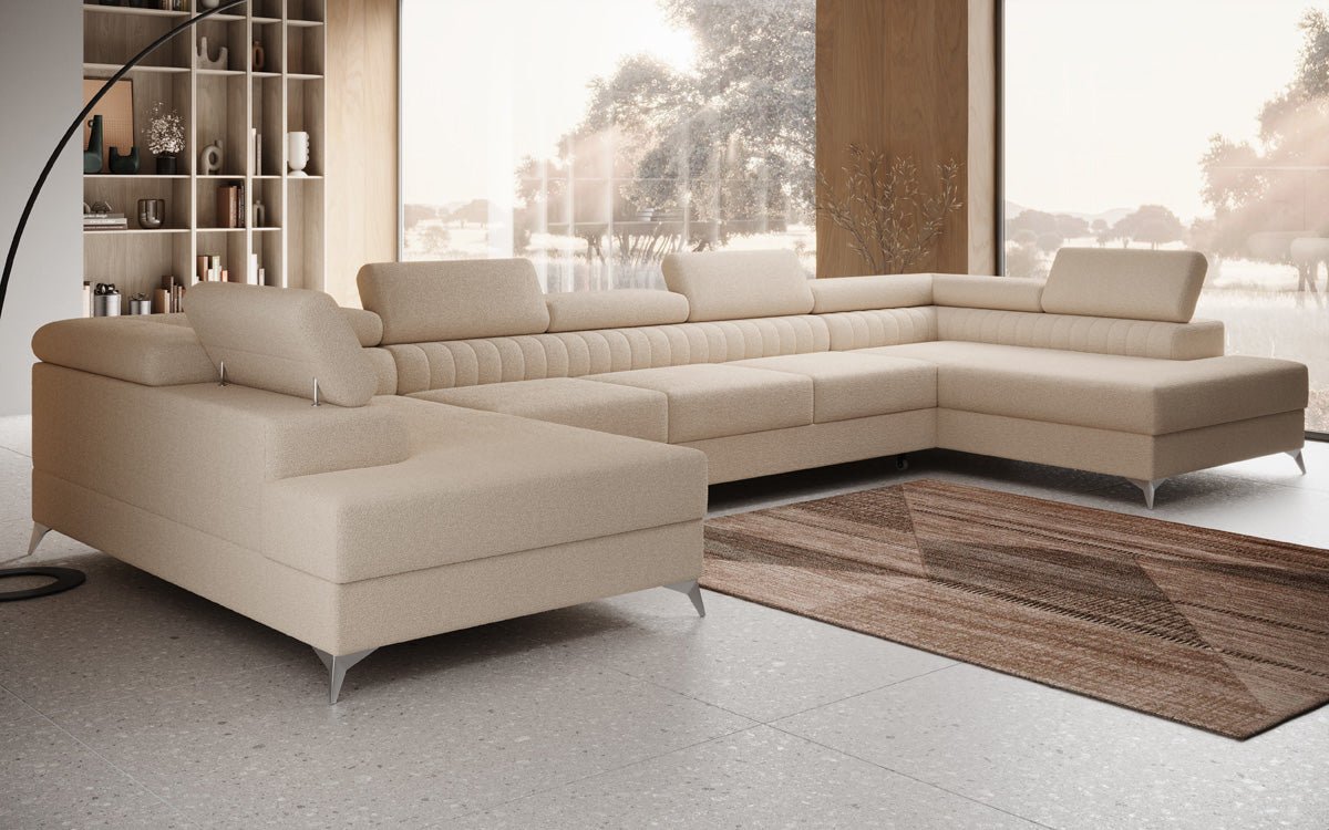 Designer Sofa Aurea U XXL mit Schlaf- und Klappfunktion in Bouclé