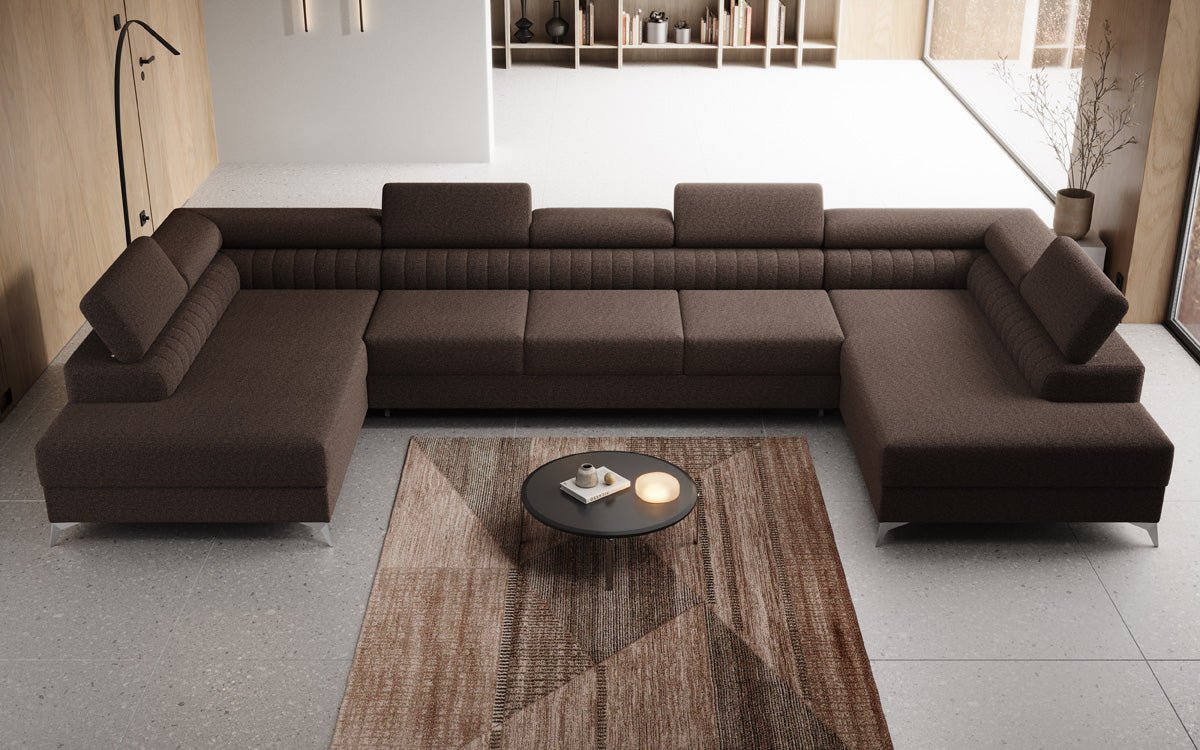 Designer Sofa Aurea U XXL mit Schlaf- und Klappfunktion in Bouclé