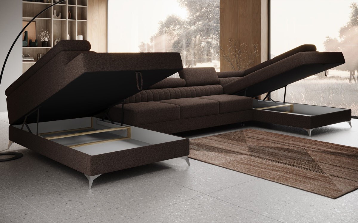 Designer Sofa Aurea U XXL mit Schlaf- und Klappfunktion in Bouclé
