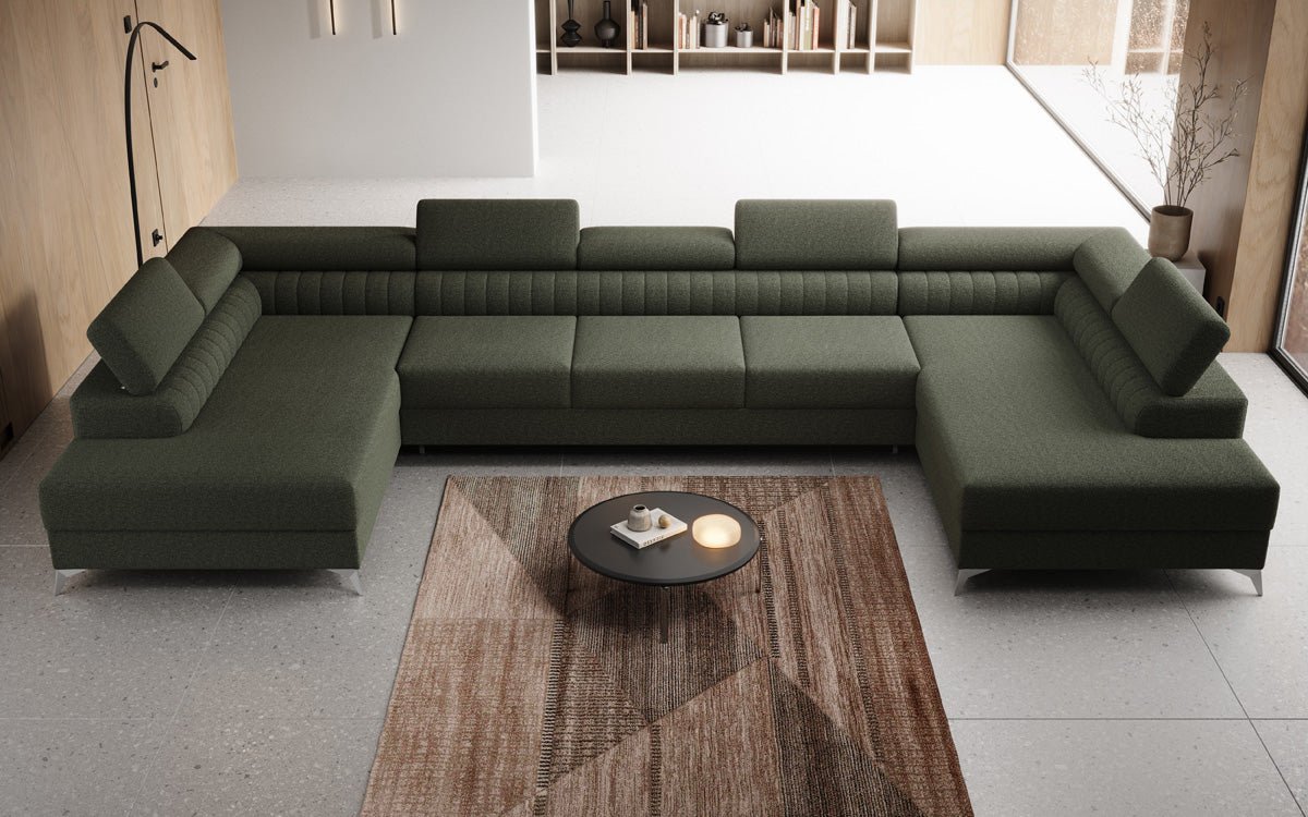 Designer Sofa Aurea U XXL mit Schlaf- und Klappfunktion in Bouclé