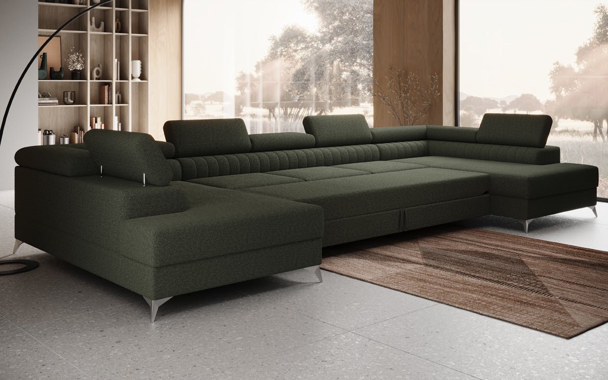 Designer Sofa Aurea U XXL mit Schlaf- und Klappfunktion in Bouclé